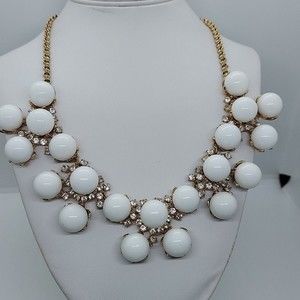 White‎ Bead Rhinestone Statement Necklace Gold Chain Costume Jewelry